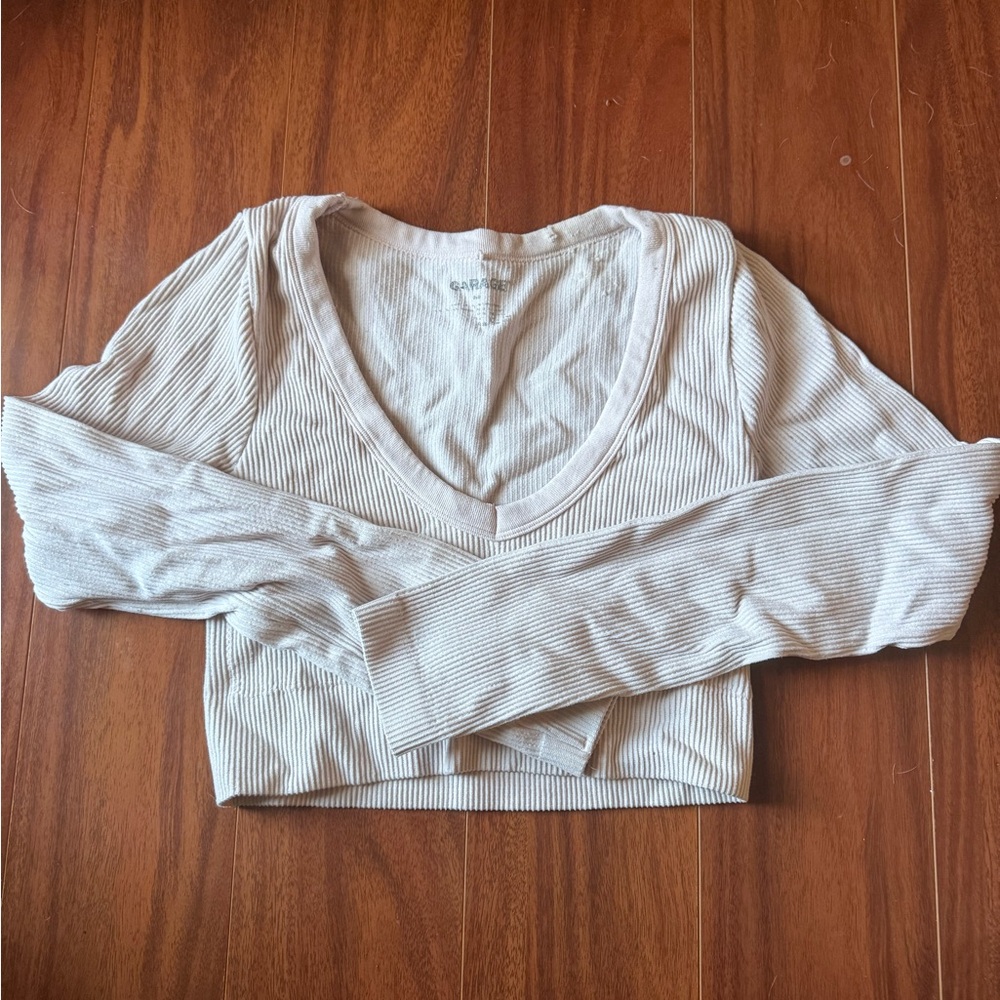 Garage Cream Ribbed V-Neck Crop Top